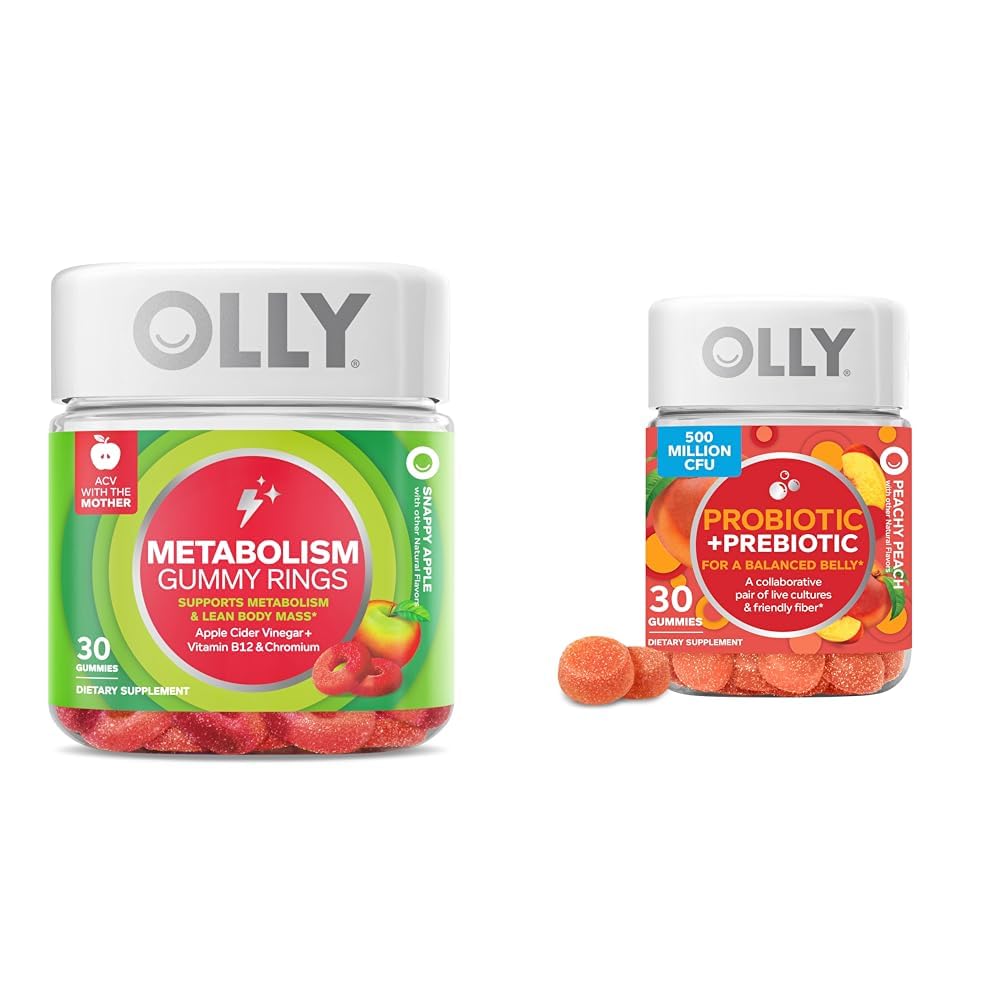 OLLY 代谢性 Gummy Rings,苹果苹果苹果苹果醋,维生素B12,铬与Probiotic + Prebiotic Gummy,消化支持与古特健康,5亿CFU,纤维
