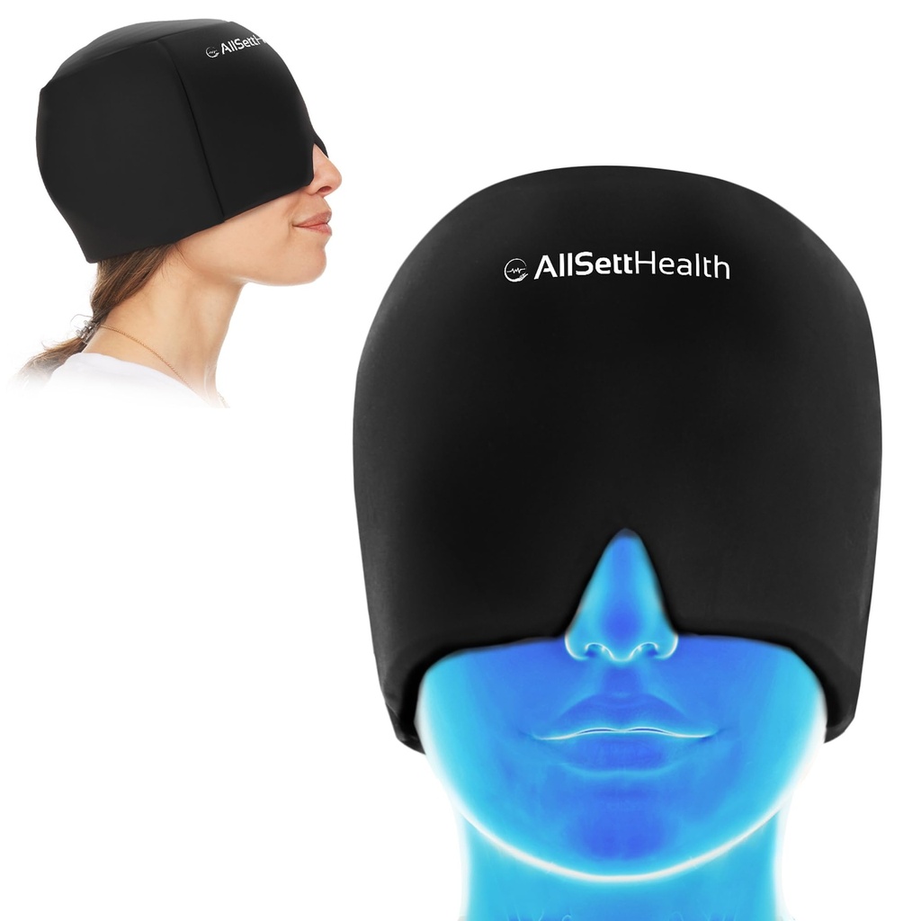 Migraine Relief Cap Ice Head Wrap and Hat | Hot/Cold Gel Pack with Face and Eye Mask Compress for Headache Relief - Black