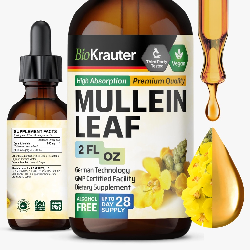 BIO KRAUTER Mullein Leaf 提取的肺脏 2 Fl. Oz - 28天供应 - 纯Mullein Drops for Lung Cleanse & Detox - Vegan呼吸辅助剂 - 非GMO,无糖和酒精