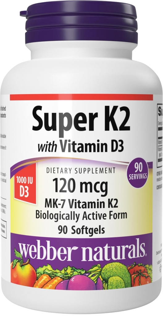 Webber Naturals 超级维生素K2 MK-7 120 mcg 配有维生素D3,90软胶,支持骨骼,牙齿和心血管系统
