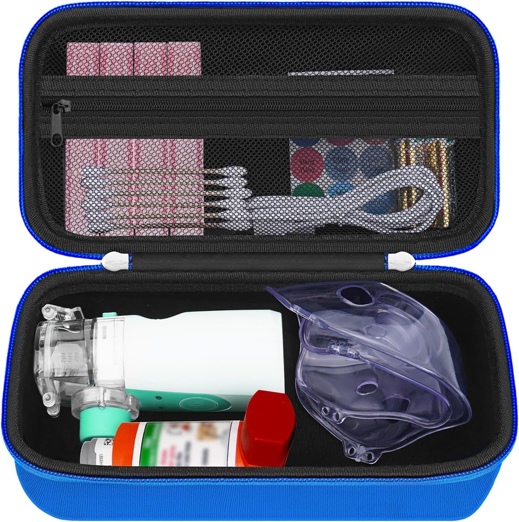HESTECH 硬旅行 携带 Asthma Inhaler 用于Inhaler Spacer, Mask, Inhaler Holder Asthma Bag 与 Mesh Pocket 用于盐溶和其他基本材料,蓝色(仅案例)
