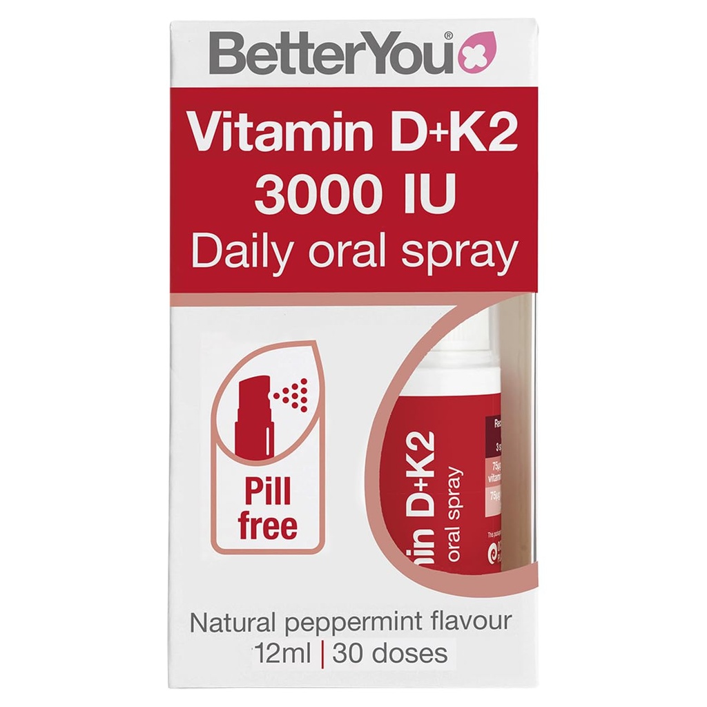 Better You D3000 and K2维生素D D 每日口服喷洒 - 平板药的方便替代品 - 支持骨质健康与胸膜系统 - 防止血涂层 - 天然辣椒薄荷Flavor - 0.4 oz