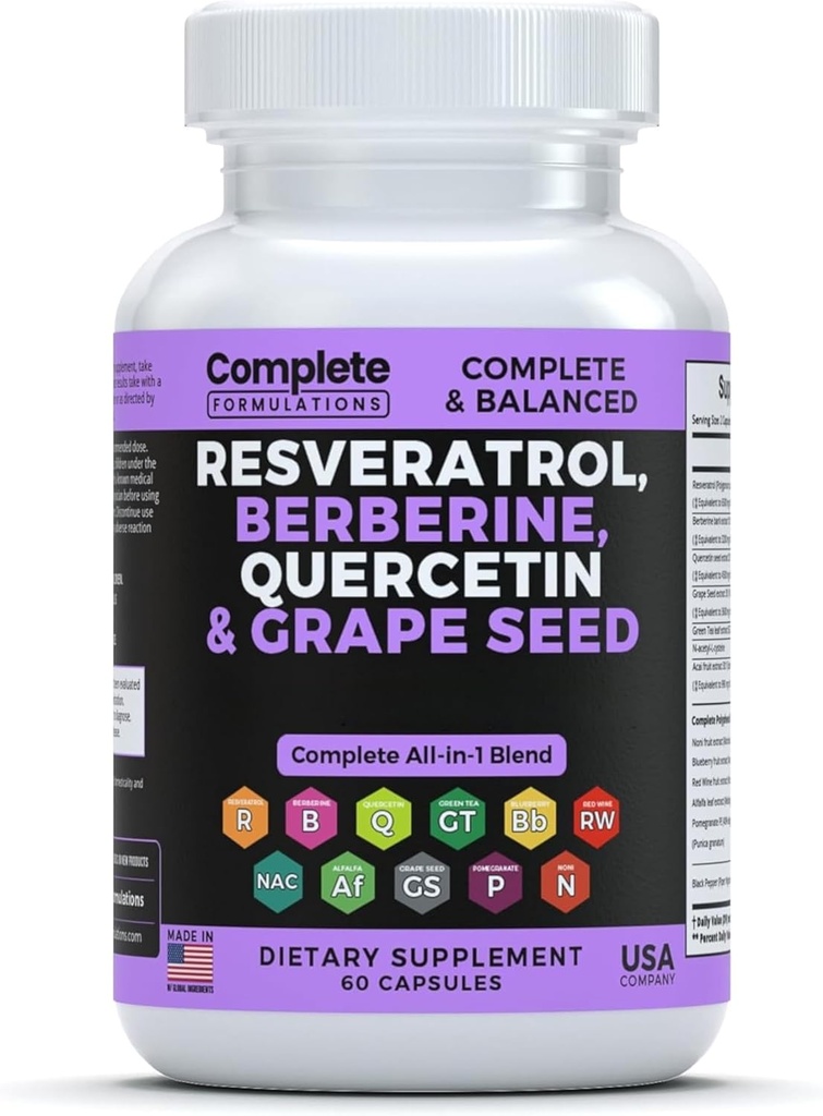 Resveratrol Supplement with Quercetin, Berberine, Grape Seed Extract & Polyphenol Blend for Skin Health, Immune Support & Antioxidant Boost