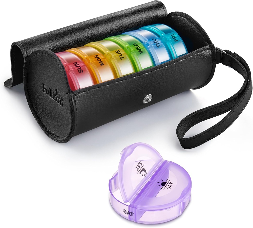 Fullicon PU Case Weekly Pill box organization 2 Times A Day, 旅行7天 Pill boxes, 手提式平板电脑organization of Medicine, Medication, Vitamin, Suppers (黑色/彩虹)
