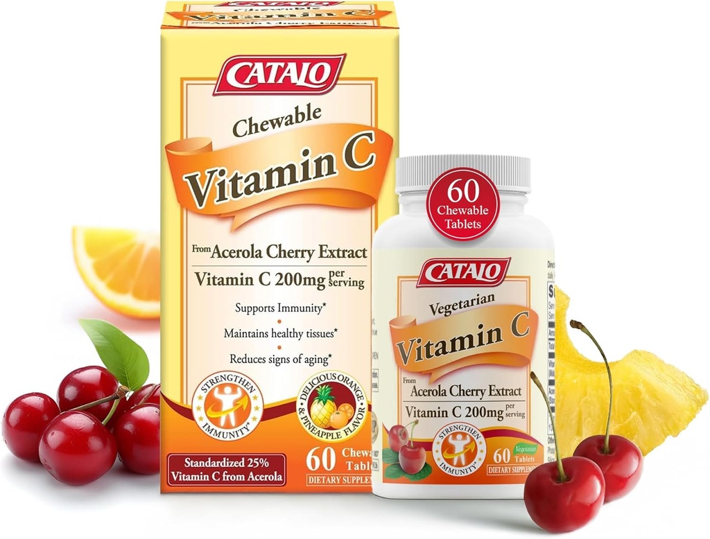CATALO 维生素C配方 - Acerola Cherry 提取器,每架200mg 维生素C,皮肤复燃,凝胶生产,美味橙和菠萝 Flavor,60块可切片