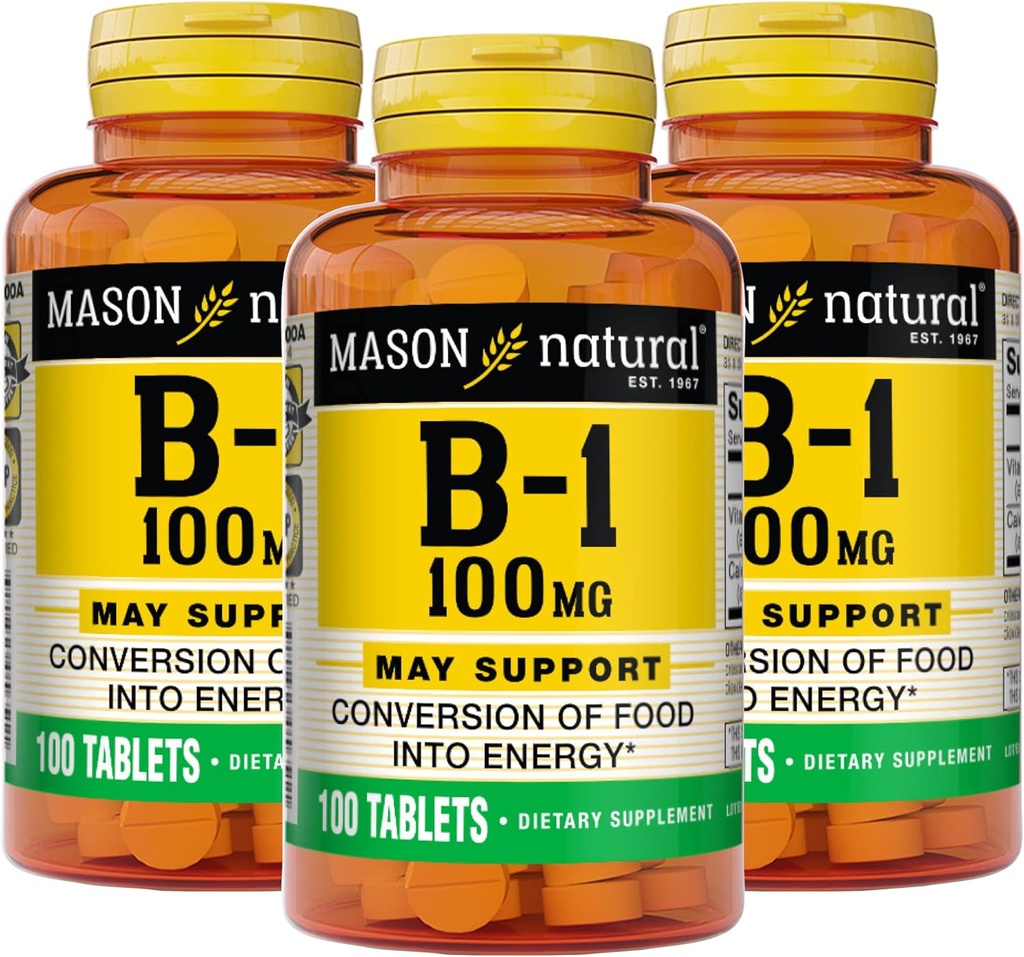 Mason Natural Vitamin B1 (Thiamin) 100 mg, " 健康地将食物转化为能源,支持神经和免疫健康 " 100 kapts (3包)