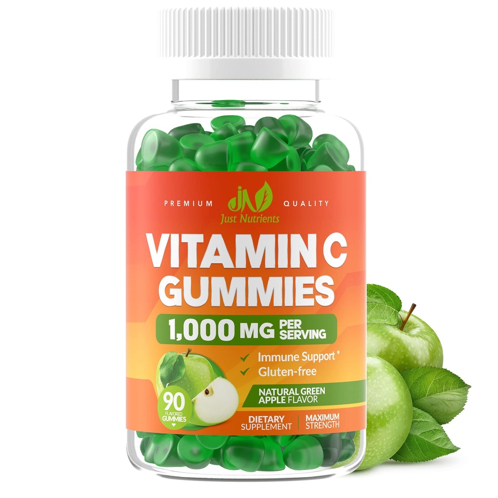 成人与儿童维生素C Gummys 1000mg - 最大强力可口可口的Immune支持,Collagen支持 - Sour Green Apple Flavor - Gluten Free, Non-GMO, Vegetarian - 90 Gummys (30 services)