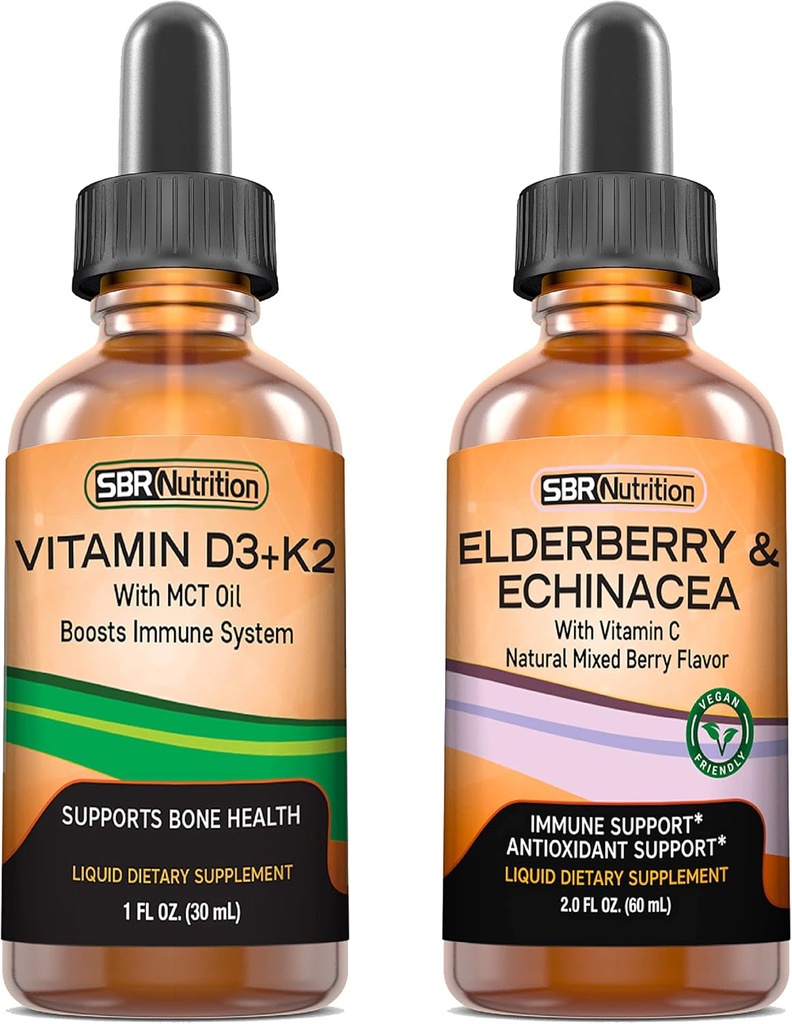 SBR 营养 D3+K2 和 长老莓包 维生素 D3K2(MK7) 液体滴 辣椒薄荷 1oz → 长老莓 & Echinacea & Vitamin C 液体滴 2oz → 成人 & 儿童 → 非GMO ,无葡萄糖