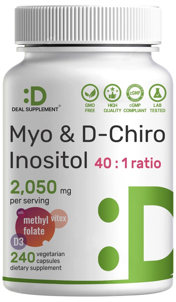 Myo-Inositol & D-Chiro Inositol 妇女补编(40:1) ^ 2 050 mg 个人服务 ^ 240 Veggie Capsules → 与福拉特,维生素D3和维特克斯 → 激素平衡和循环支持 → 非GMO