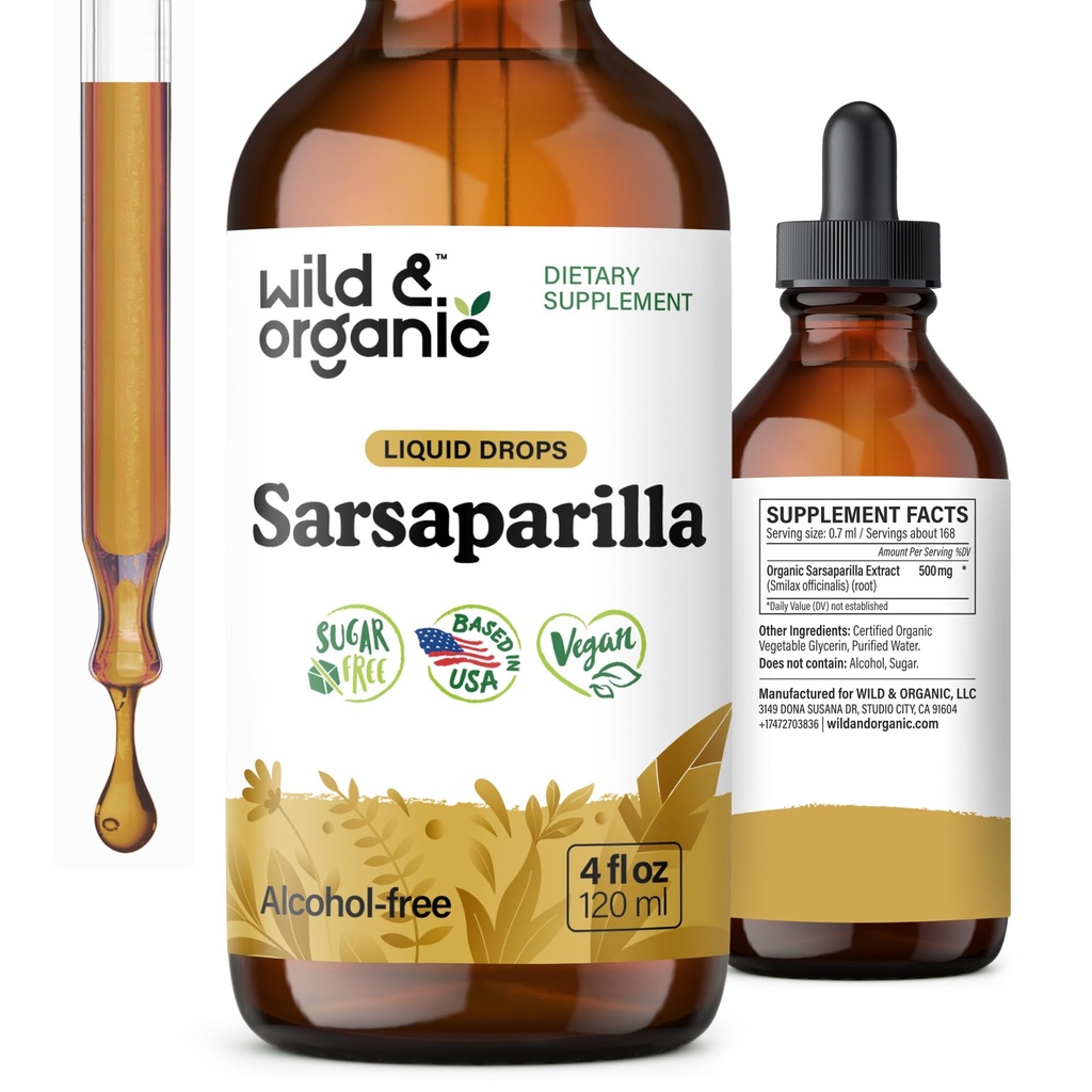 野生和有机 Sarsaparilla 根纹 - 总体支持 - Sarsaparilla 提取补充 - Vegan,糖和无酒精液体滴 - 4 fl oz