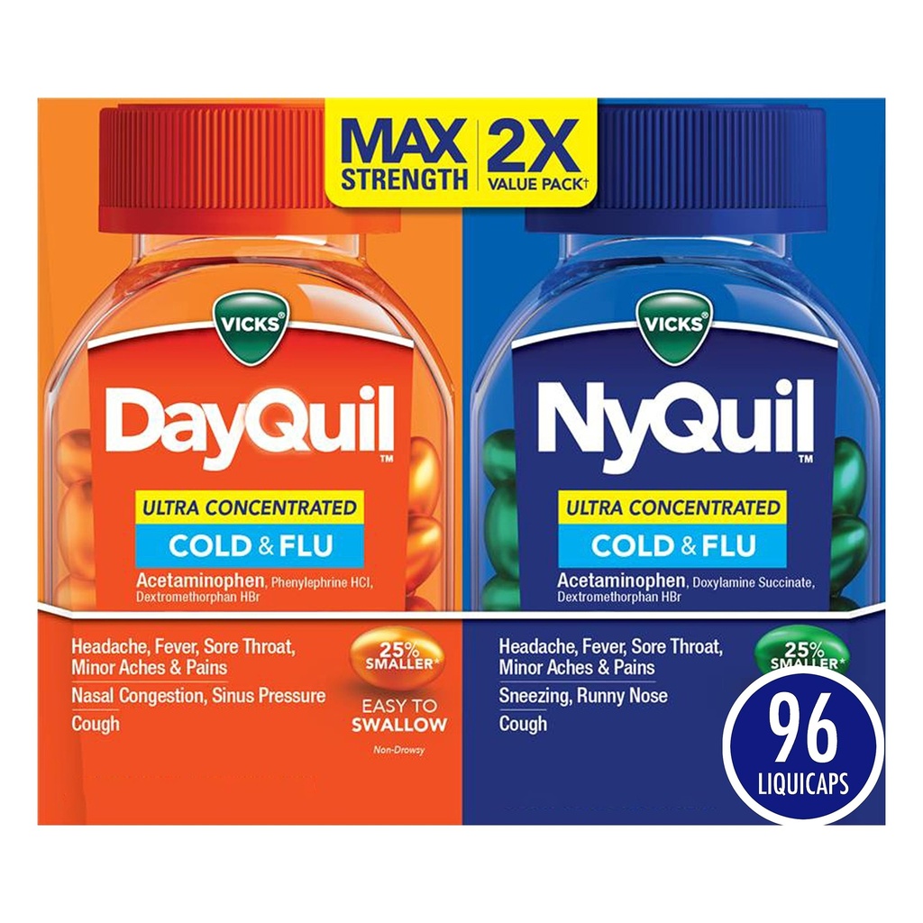 Vicks DayQuil & NyQuil Ultra 集中 Liquicaps Co-Pack, Cold & Flu Medicine, 强大的多节日间和夜间缓解头痛, 发烧, 酸喉, 小痛, & Cough, 96ct