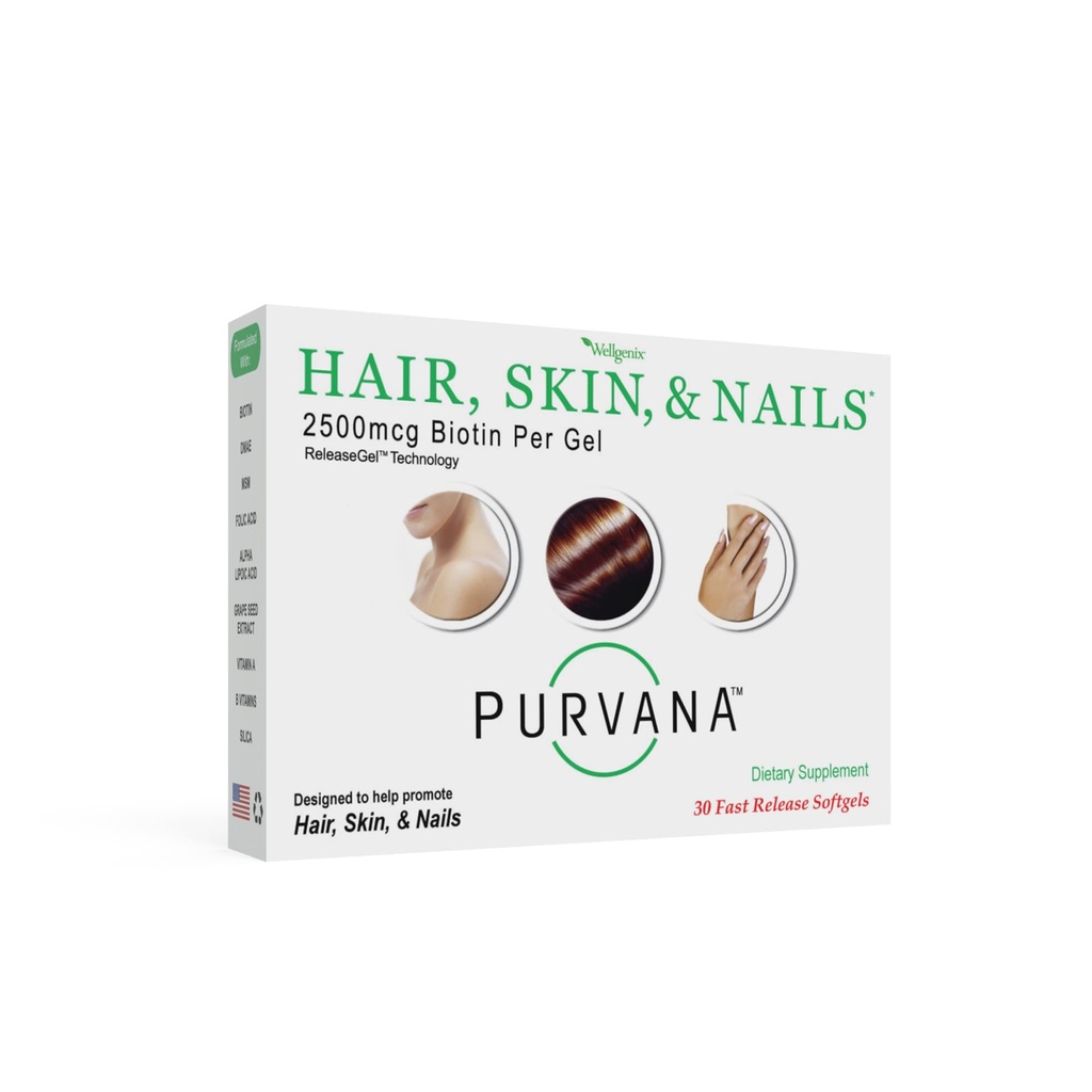 Wellgenix Purvana Hair, Skin, and Nails Vitamin - 2500mcg Biotin, Folic Acid, DMAE, Grape种子提取器 - One a Day Softgels - PCOS & 产后头发丢失支持 - (30个计数)