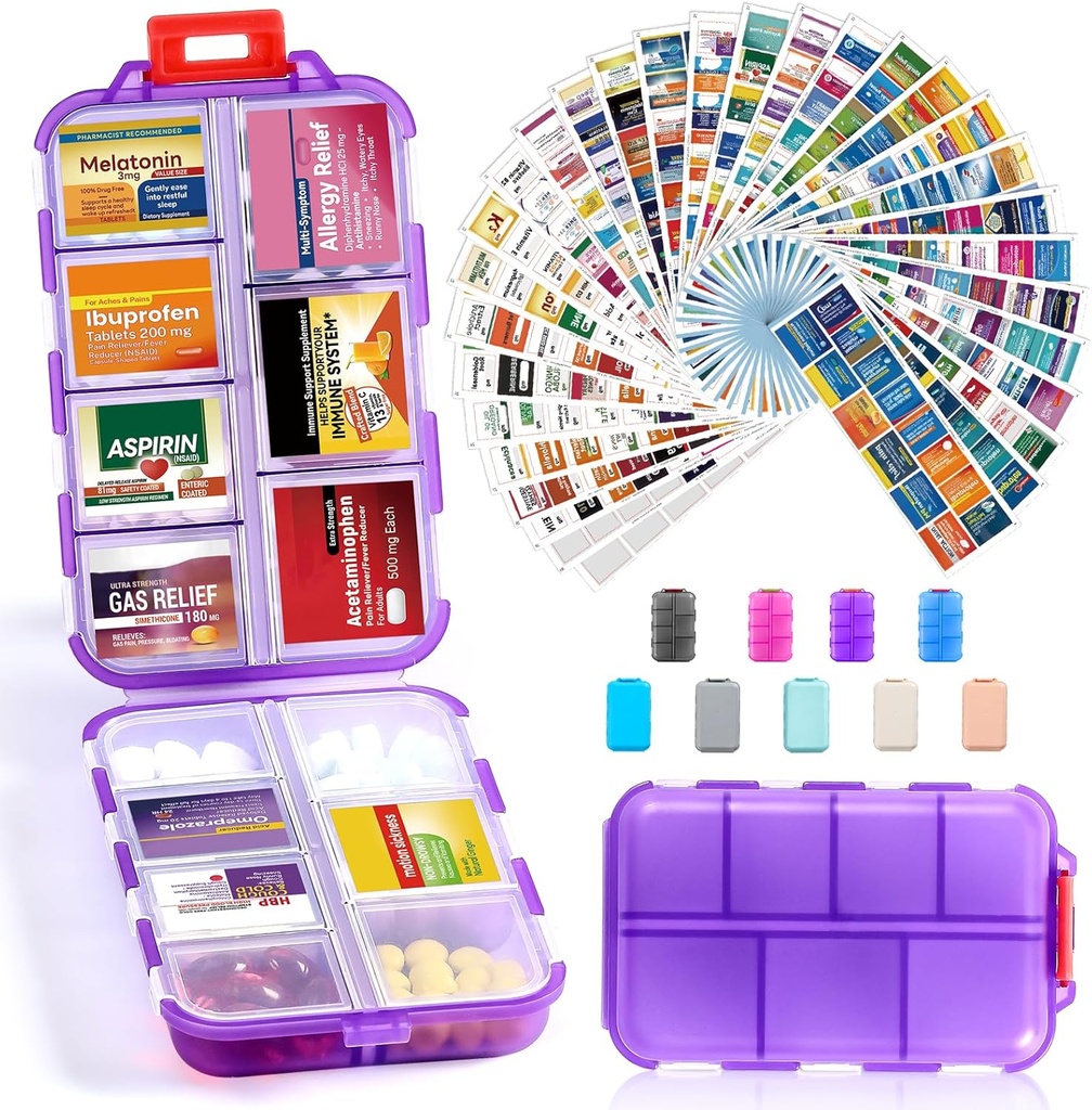 14 Grids 旅行药丸组织者盒,配有415-Pcs 药品名称标签,Pocket Daily Pharkey Case Control, 旅行药剂持有者药剂箱 鱼油维生素补充储存 - 清紫