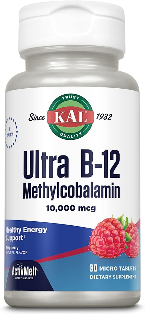 KAL Ultra B12 甲基Cobalamin 10,000mcg, 高概率维生素B-12 用于健康能源,代谢,Nerve,红血细胞支持,* 天然树莓花,蔬菜, 30个微片, 30个服务