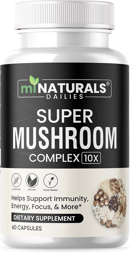 MINATURALS 蘑菇综合体 CAPSULE - 狮子的马内,雷希,科迪塞普斯,查加,土耳其的Tail,Maitake - 补充真水果生产体 - 10 in 1