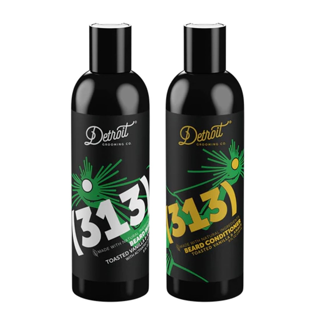 Detroit Grooming Co. Beard Wash and Beard Conditioner - Men's Kit - Softens, Strengthens, Moisturize, Infused w/Argan Oil, Apple Extract, & Aloe Vera - Toasted Vanilla Amber Scent - 313-8oz