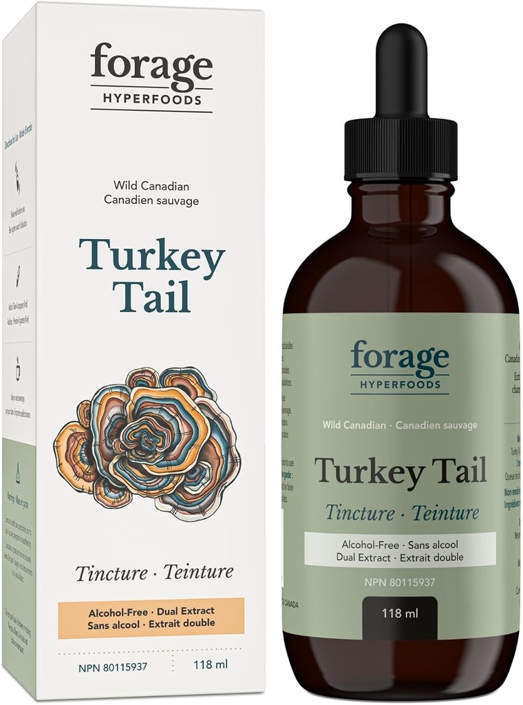 Forage Hyperfoods - 无酒精 加拿大野生土耳其 Tail Mushrom Superfood Liquid Supplement Extract Tincture, Vegan, Non-GMO, Immune System and Gut Health Support, 118ML (英语).
