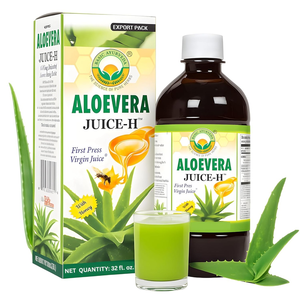 BASIC AYURVEDA Aloe Vera Juice with Honey 32.46 Fl Oz(960ml) 支持消化健康,水分和皮肤健康 冷压草药汁 天然清洁 无添加糖