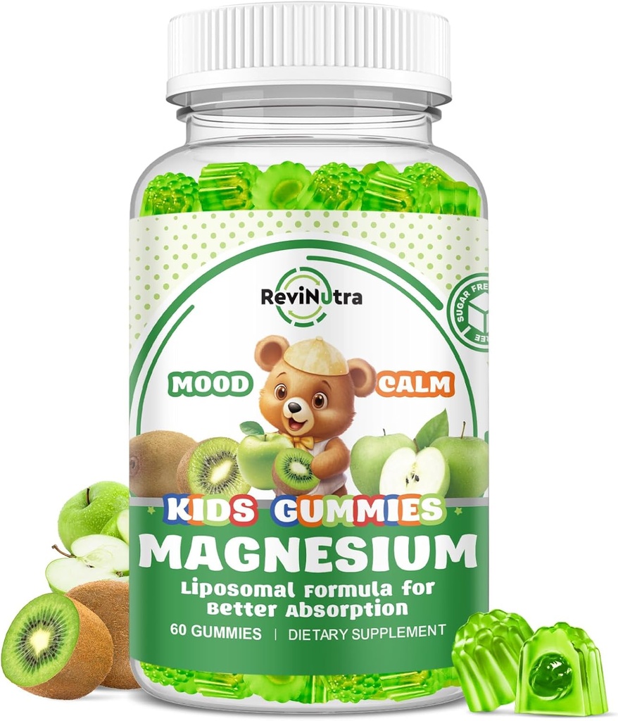 Liposomal Kids Magnesium Gummys - Magnesium Glycincium Gummys for Kids Supplement-w/Omega-3,维生素B6,D3-支持冷静压力缓解,骨骼,Mood,绿色苹果 & Kiwi Flavor, 60 Counter