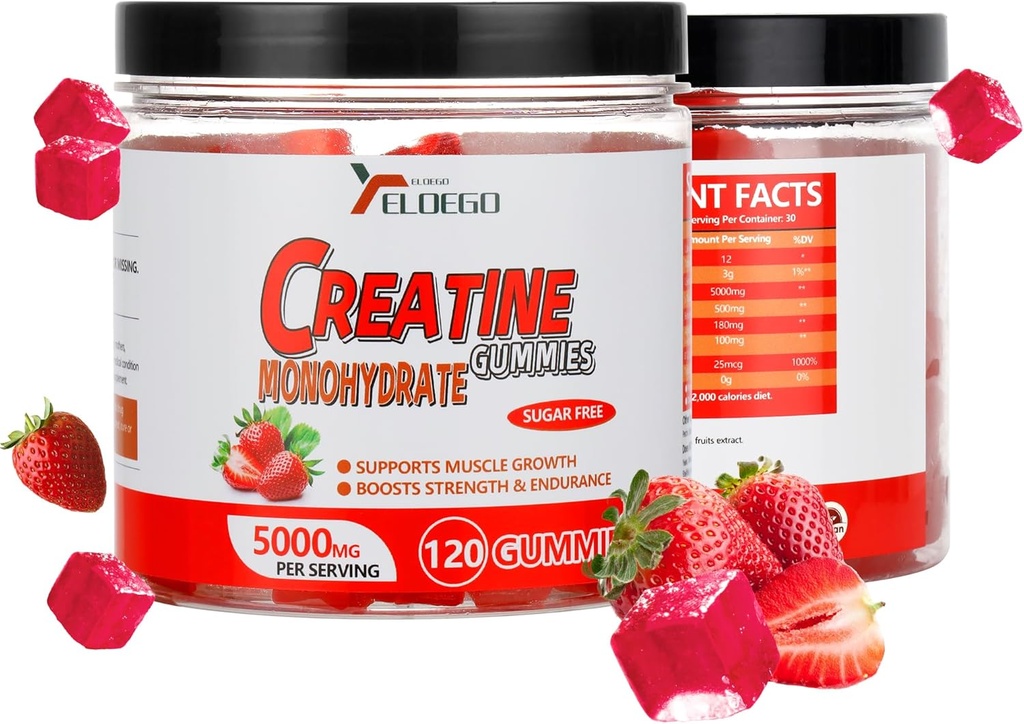 Creatine Monohydrate Gummys 5000mg Sugar Free for Men and Women, L-Taurine + Vitamin B12 for Muscle strong, 肌肉建构器, 能量靴, 预工补充, 草莓, 120 Count