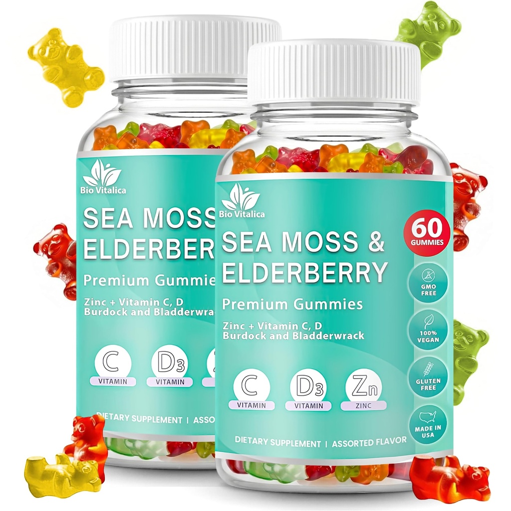 BIO VITALICA 海 Moss Gummys 老年莓 Berderberry BioVitalica - 维生素C D + 锌 - 爱尔兰 Seamoss Vegan Gummy 与 Sea Moss Gel 和 Power 为成人和儿童提供豁免,解毒(2Packs)