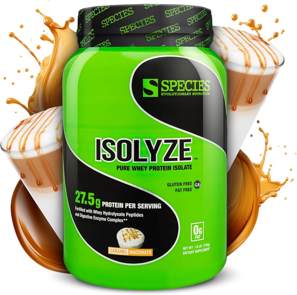 物种营养Isolyze Whei蛋白粉,100%Whei 隔绝剂用于肌肉建筑,27.5g 蛋白质Per Scoop,无糖和低脂肪(Caramel Macchiato,22种服务)