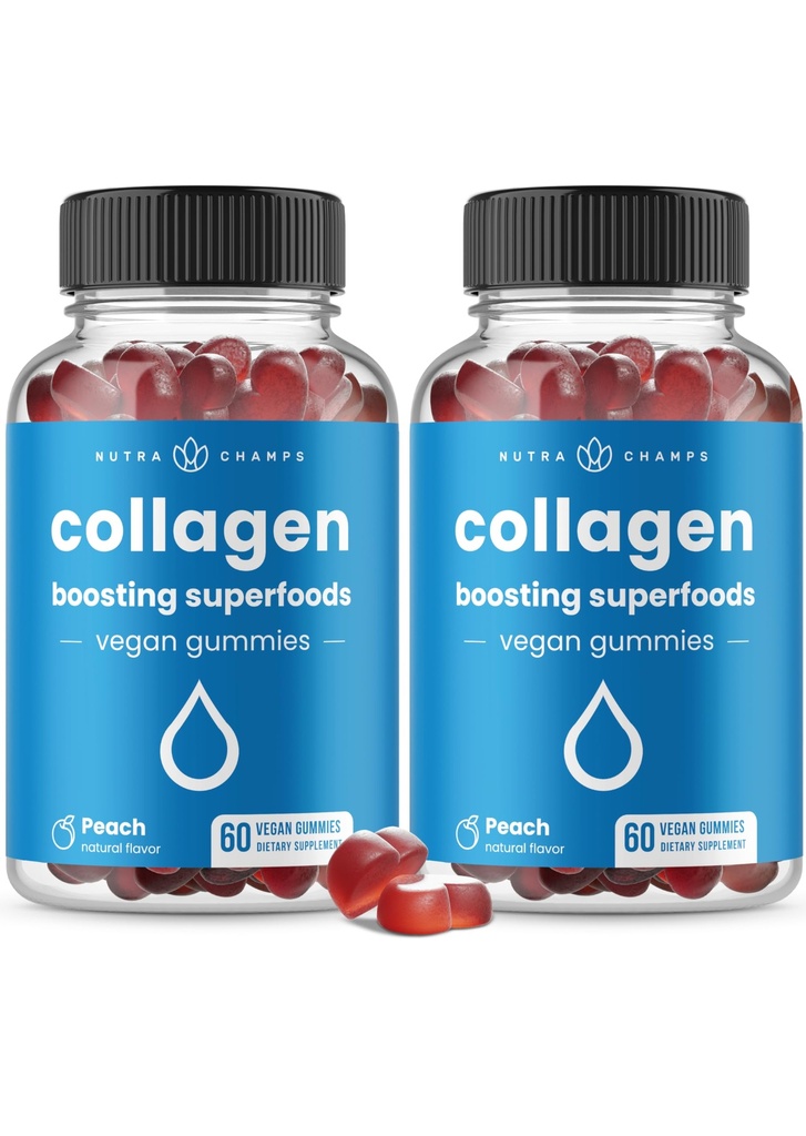 NutraChamps Collagen Boosting Gummies, Collagen Booster Gummy for Natural Collagen Production, Vegan Pectin Supplements Chews for Women & Men, 60 Peach Gummies (Pack of 2)
