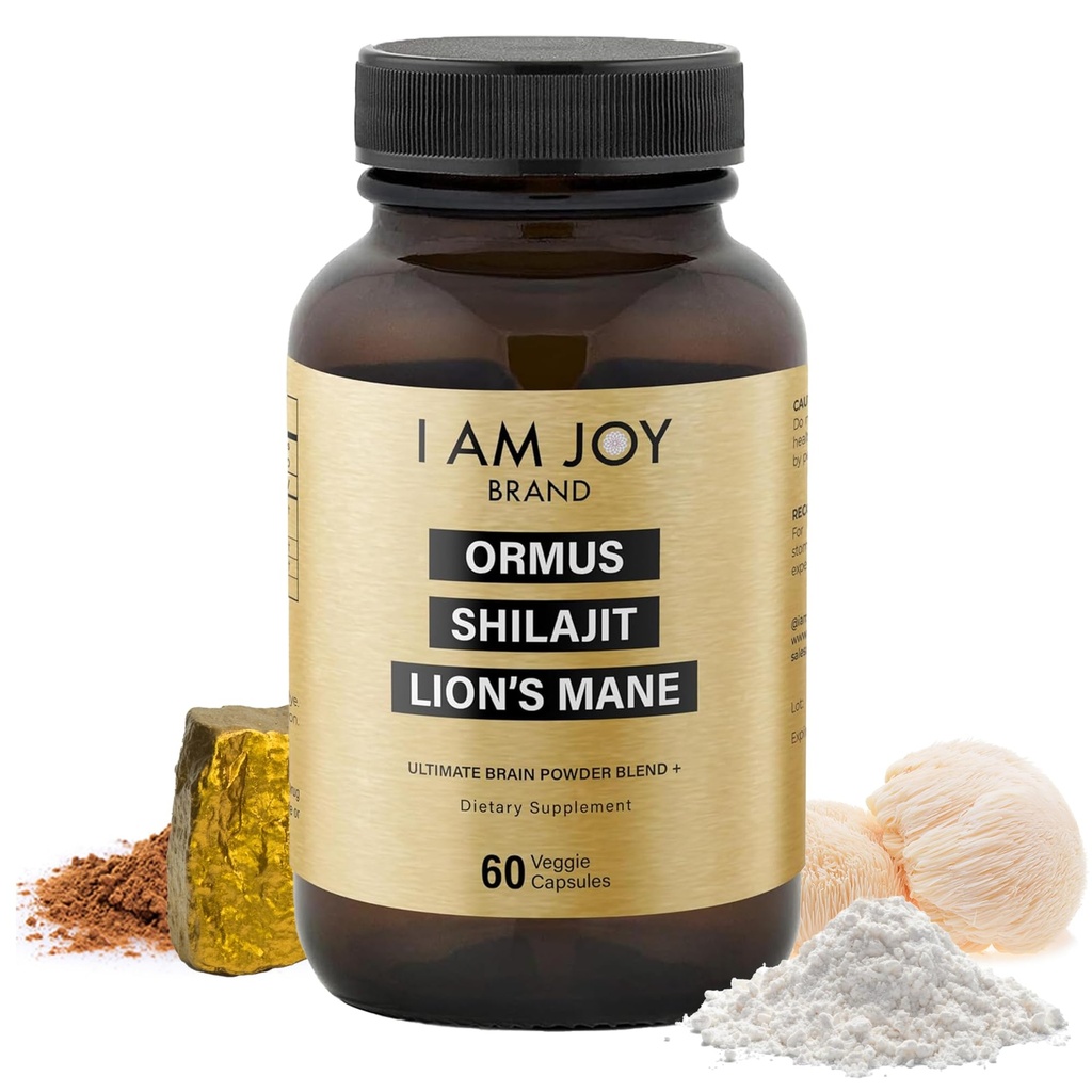 I Am Joy Co. Ormus Shilajit Lion's Mane - Ultimate Brain Power! 单原子 24k Gold - 其能源、记忆和焦点的唯一混合体 - 60 Vegan Capsules