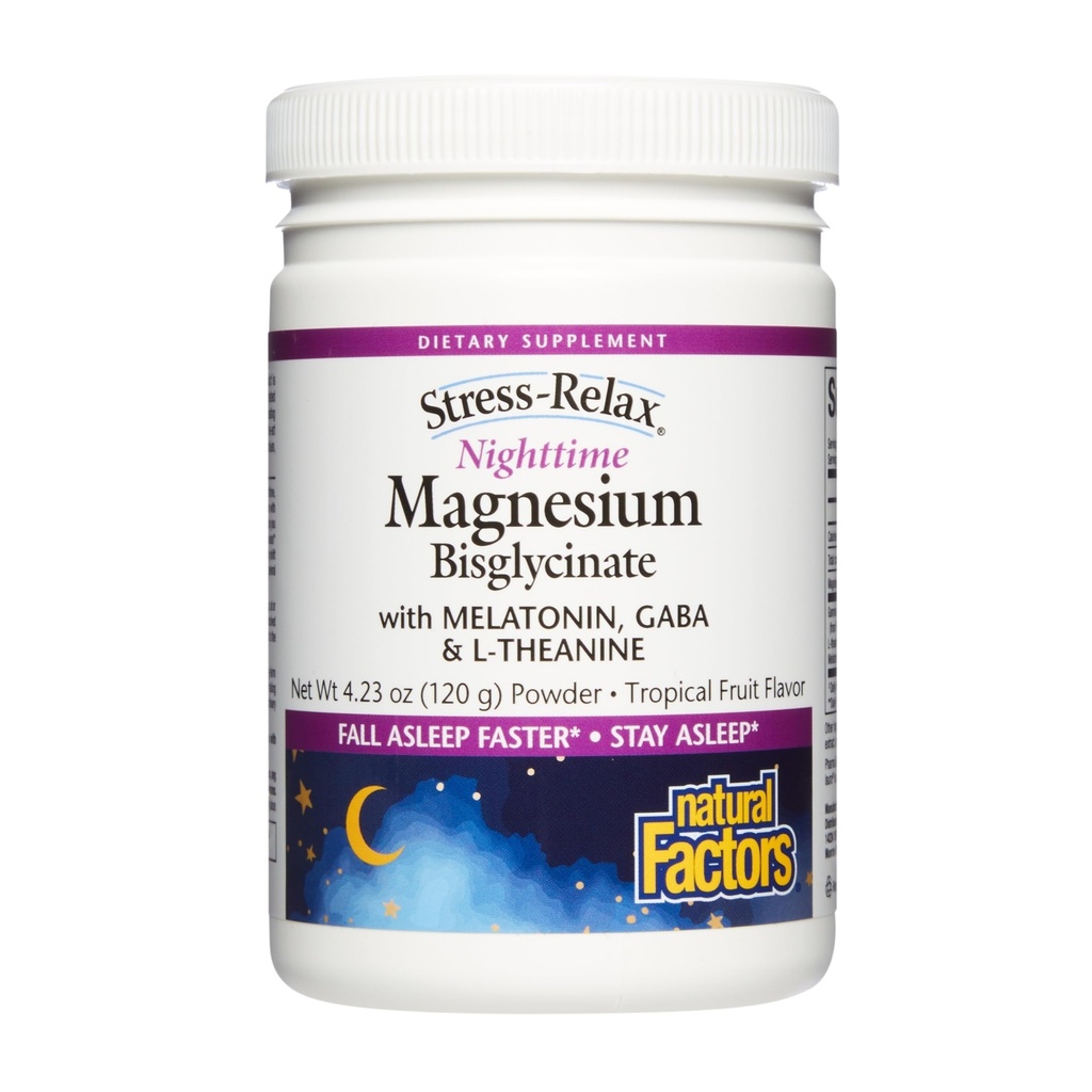 Natural Factors Stress-Relax Nighttime Magnesium Bisglycinate - Supports Sleep & Relaxation* - with Melatonin, L-Theanine & GABA - Tropical Flavor - 4.23 oz