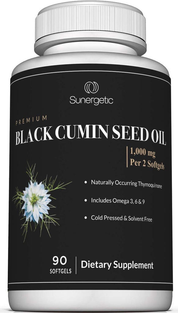 Sunergetic Premium Black Cumin种子油软胶 — 1 000 mg of Black Seed Oil per service — 非转基因油冷压奈杰拉·萨蒂瓦 — 包括Thymoquinone & Omega — 90软胶