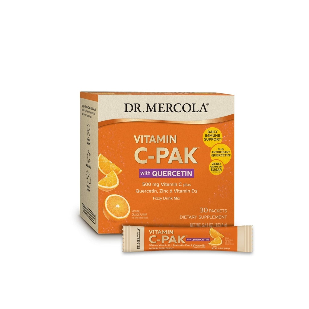 Mercola Vitamin C-PAK博士与Quercetin - 每日免疫支持饮料 - 锌和维生素 D3 混合剂 - 不含葡萄糖 - Effervescent Orange Flavor - 30 包