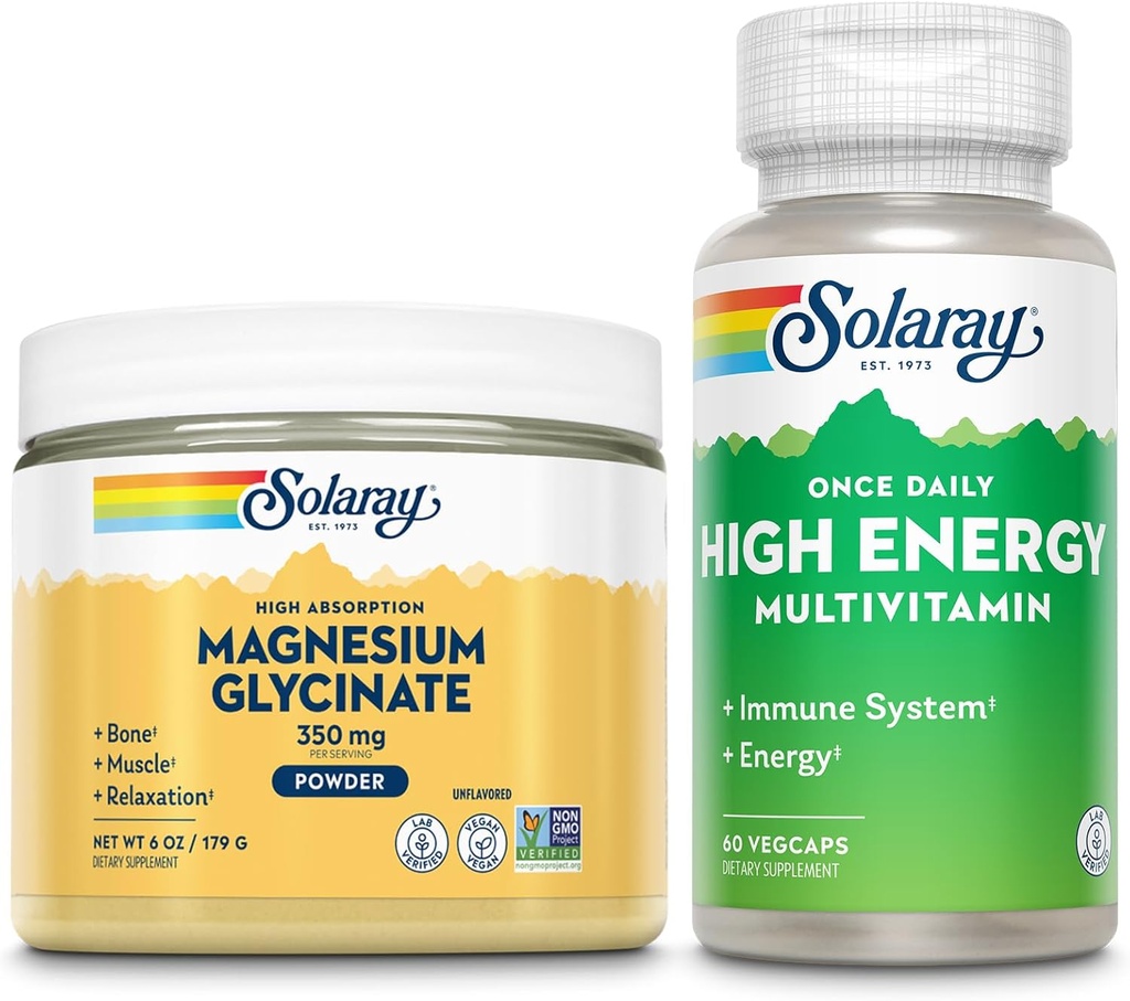 SOLARAY 甘化镁 350mg和高能 多维特敏盒 - Chelated Magnesium and Once Daily Multi - 骨质健康、肌肉、心脏和免疫支持,60天保障,6oz/60ct