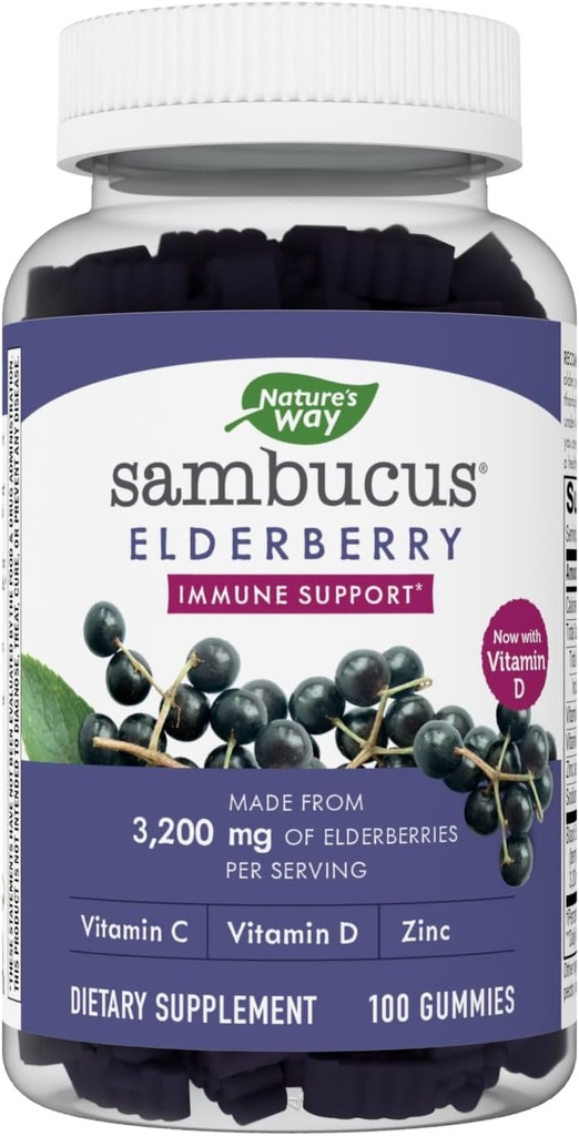 自然之路 Sambucus 长老莓果汁 - 儿童与成年人的免疫支持补充* - 有维生素C, D3, 锌和抗氧化剂支持* - Gluten Free & Vegetarian - 100 Gummys