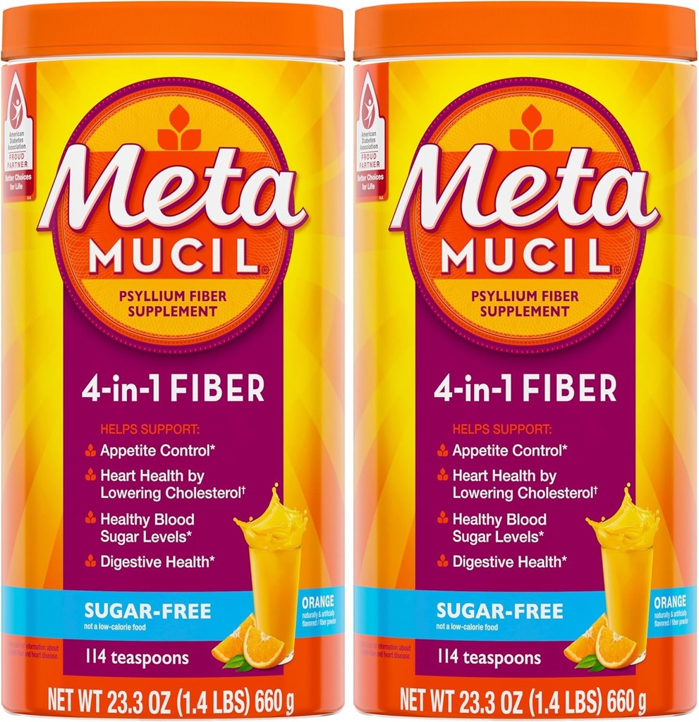 Metamucil, Daily Psyllium Husk 粉末补充剂,无糖粉,4-in-1纤维用于消化健康,橙色火焰饮料,114个茶匙,1.4英镑(包2)