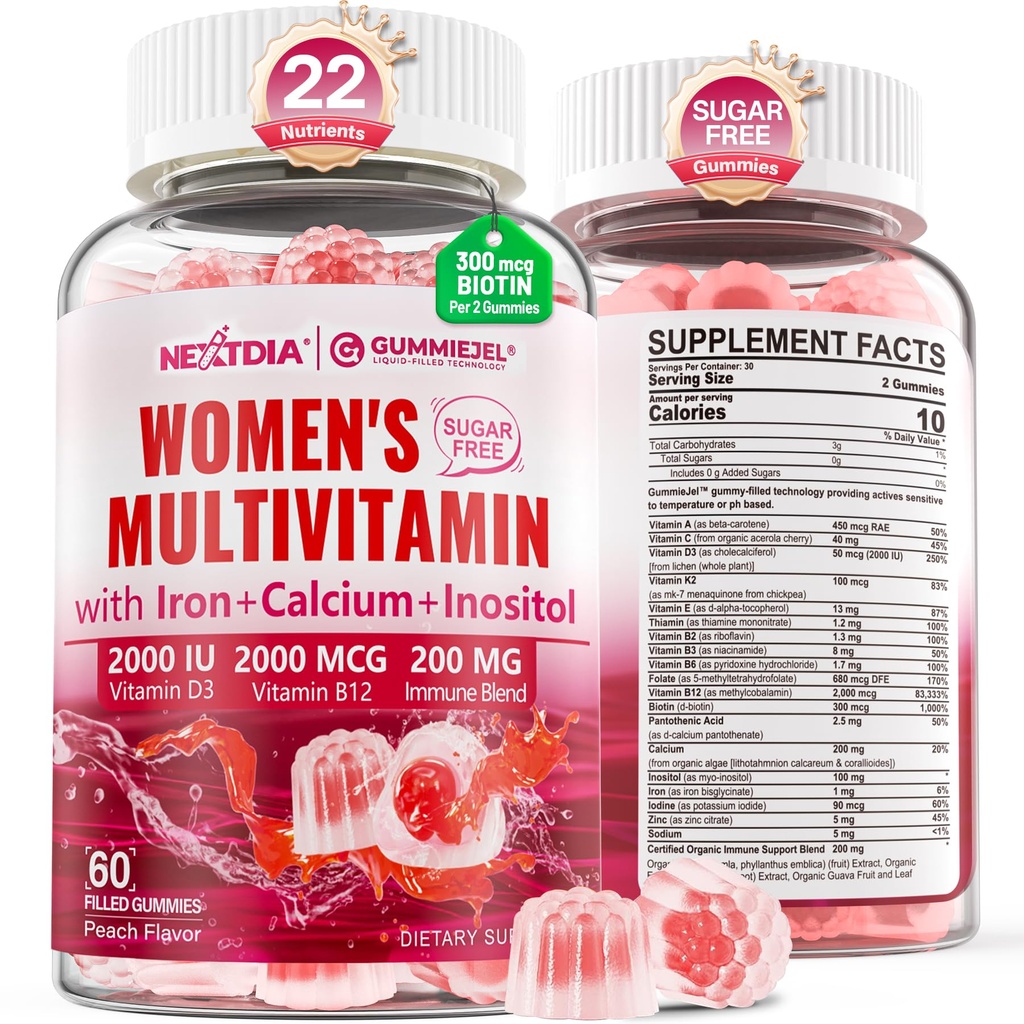 女性Gummy、Calcium、D3 K2、Methylfolate & B12、Inositol、每日维生素A、C、E、B Complex、Biotin、铁 - 能源、Imune、Bone、皮肤、头发 - Vegan、无糖、60