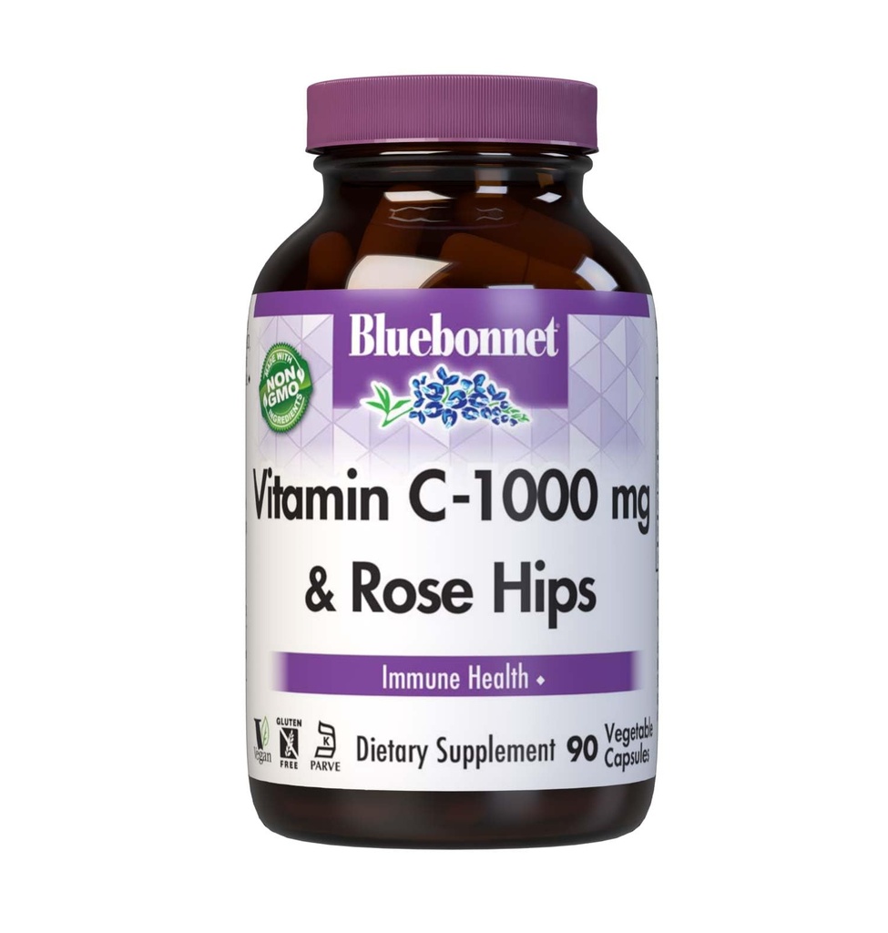 蓝本网 营养 维生素 C-1000 mg + 玫瑰 HIPS 蔬菜 Capules,用于免疫健康,抗氧化剂保护,无豆类,无胶类,非GMO,Kosher,无乳品,Vegan,90 Counter