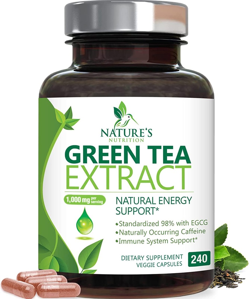 绿色茶叶提取卡普苏尔 1000mg 98% 标准化的EGCG - 3X 天然能源的强度 - 与多酚的心脏支持 - Gentle Cafeine - 240 卡普苏尔