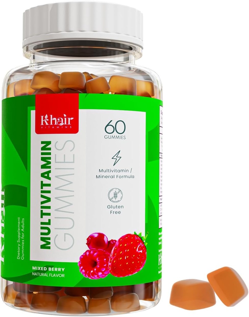 Khair Halal 成人多维坦 Gummy - Vegan,非GMO - Gluten Free, Gelatin Free - 基本维生素:维生素A E C D B12和维生素B6 Halal 维生素 - 60 Gummys