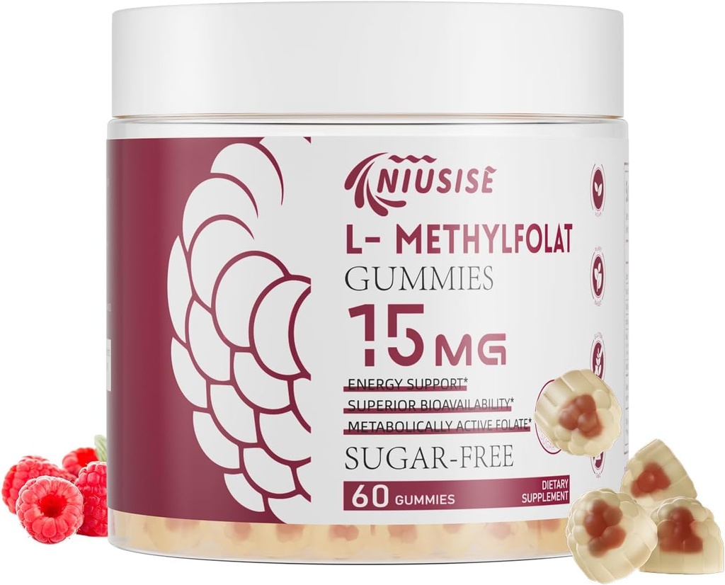 L-Methylfolate 15mg Gummys for addient,无糖Gummys 帮助改善能量,大脑功能 - 活性Folic Acid & Vitamin B12 免疫支持补充剂,非GMO,Gluten Free
