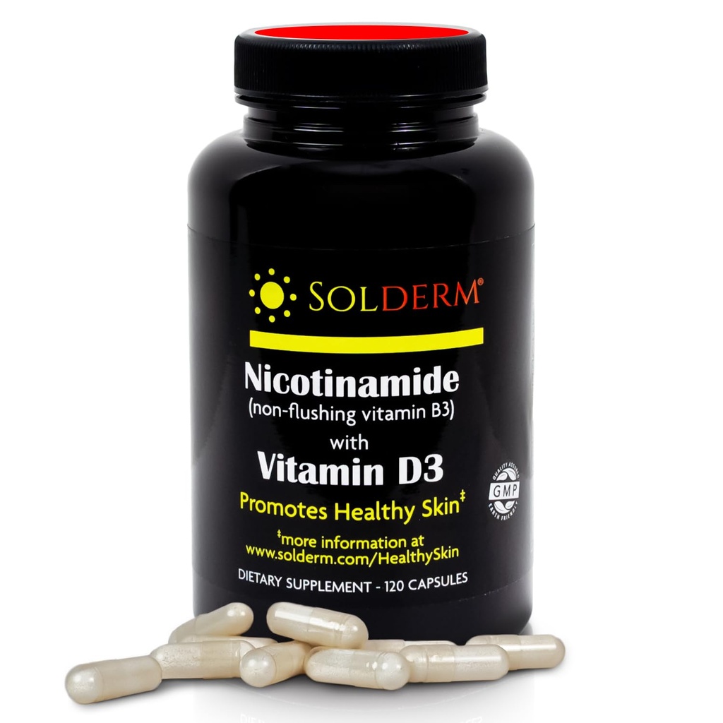 Nicotinamide Non-Flushing Vitamin B3 and D3 Supplement | Vegetarian and Gluten-Free Oral Nicotinamide Supplement with Vegetable Cellulose Casings | Promotes Healthy Skin | 60 Capsules | 500mg