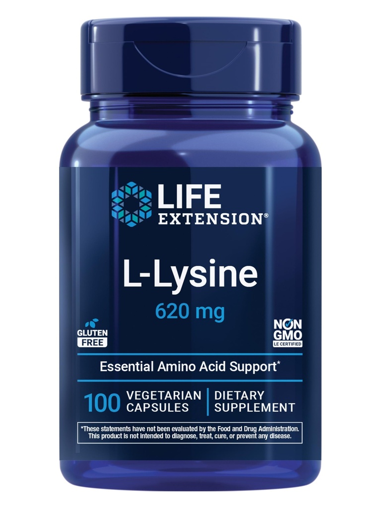 寿命延长L-Lysine, 620 mg, 健康氮平衡的基本氨基酸, 钙代谢作用, 压力反应 & More, Gluten-Free, 非GMO, 蔬菜, 100 Capsules