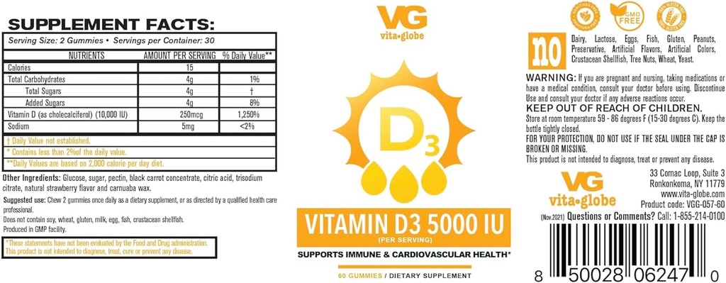 VITA GLOTA 维生素D3 10,000IU 配有锌和Echinacea Gummy - 支持健康免疫系统,强骨,牙齿和肌肉,120 Counter (2-Pack)