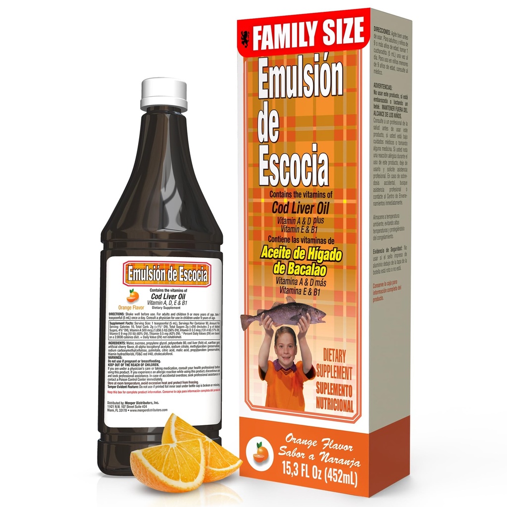 EMULSION DE ESCOCIA Cod Liver Oil,《饮食补充》,维生素A、B1、D和E,《免疫系统支助》,Orange Flavor(15.3 Fl Oz/Pack of 1)