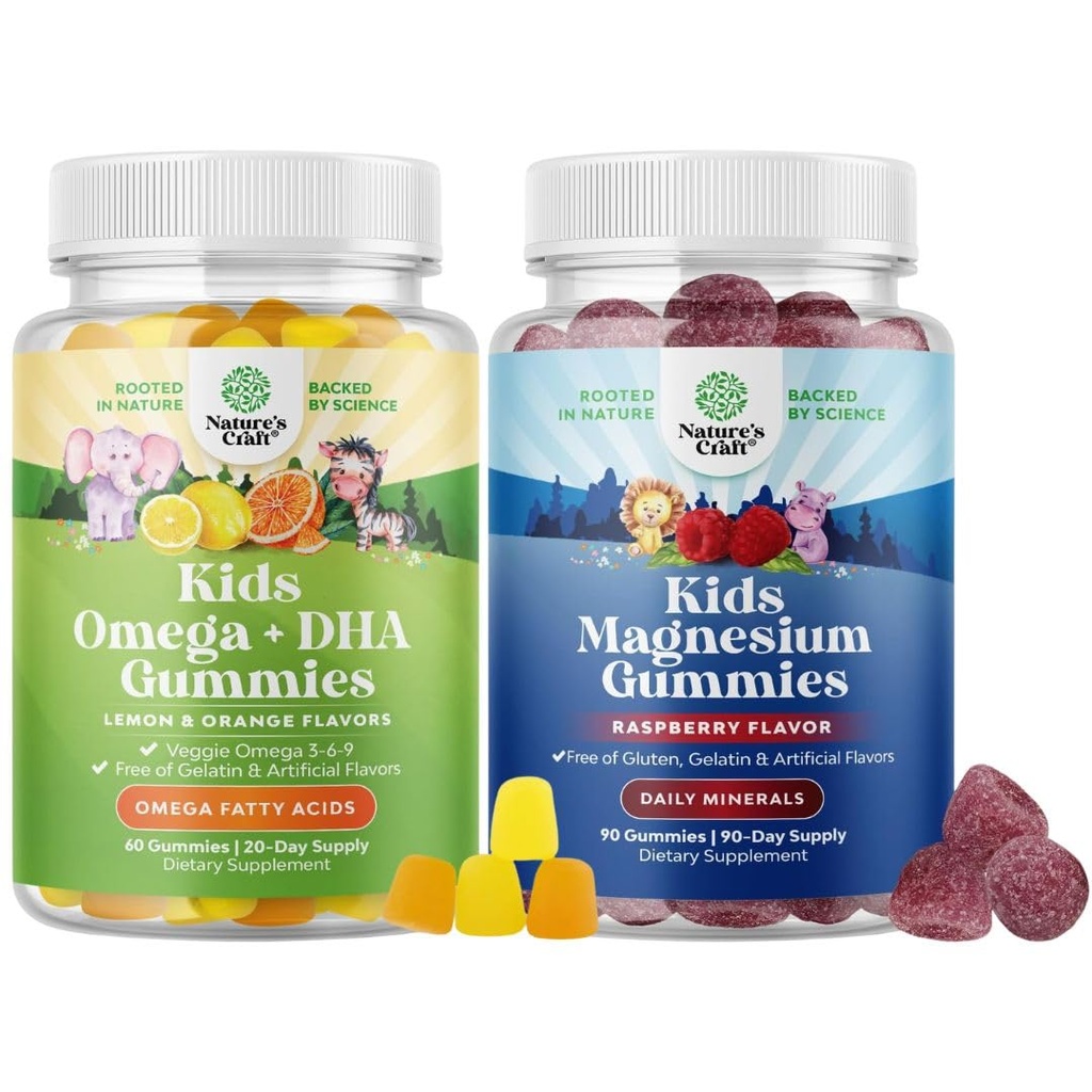 Omega DHA Gummys for Kids - Fatty Acids Omega 3 6 9 配以维生素C用于大脑,豁免和视觉以及Kids Magnesium Gummys - Mag Citrate for Nerve Health Muscles 和健康心脏支持