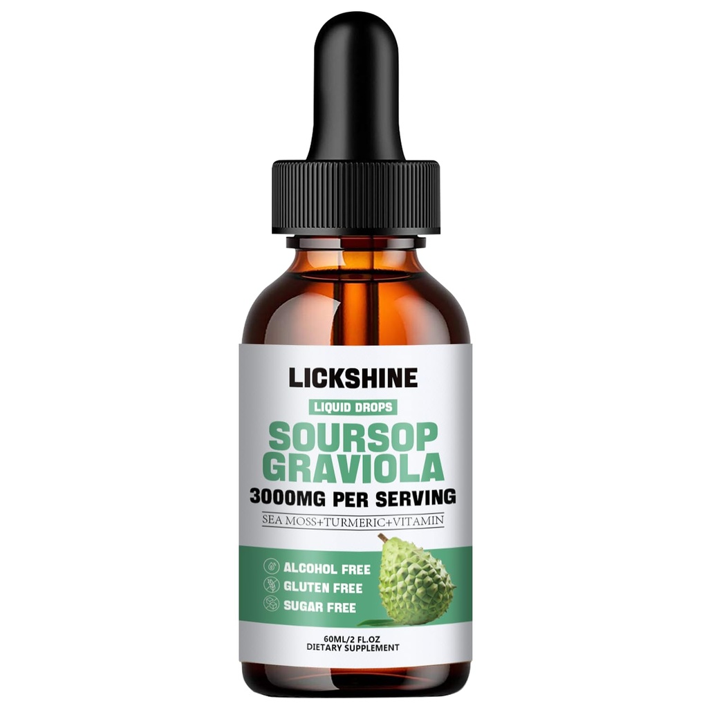 1 Packs 3000MG Soursop Graviola 液滴用于细胞支持和再生, lmmune, Gut, 抗氧化剂, Mood, 放松, 活体和睡眠 Zzz - Soursop Graviola 叶片提取, Sea Moss, Turmeric - 2Fl Oz