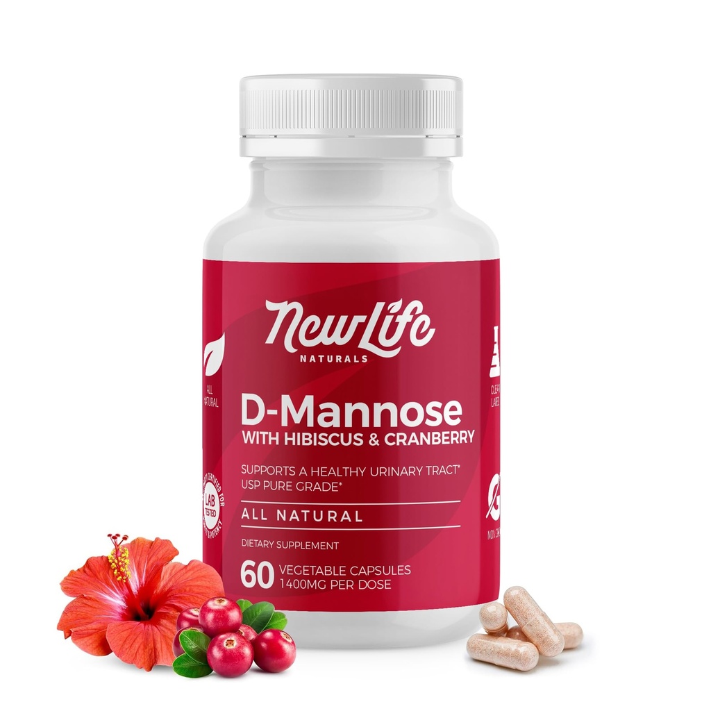 NewLife Naturals D-Mannose Capsules | w/Cranberry and Hibiscus Extracts | Natural Urinary Tract Health Supplement | 1400mg Pure Veggie Powder | 60 Veggie Capsules