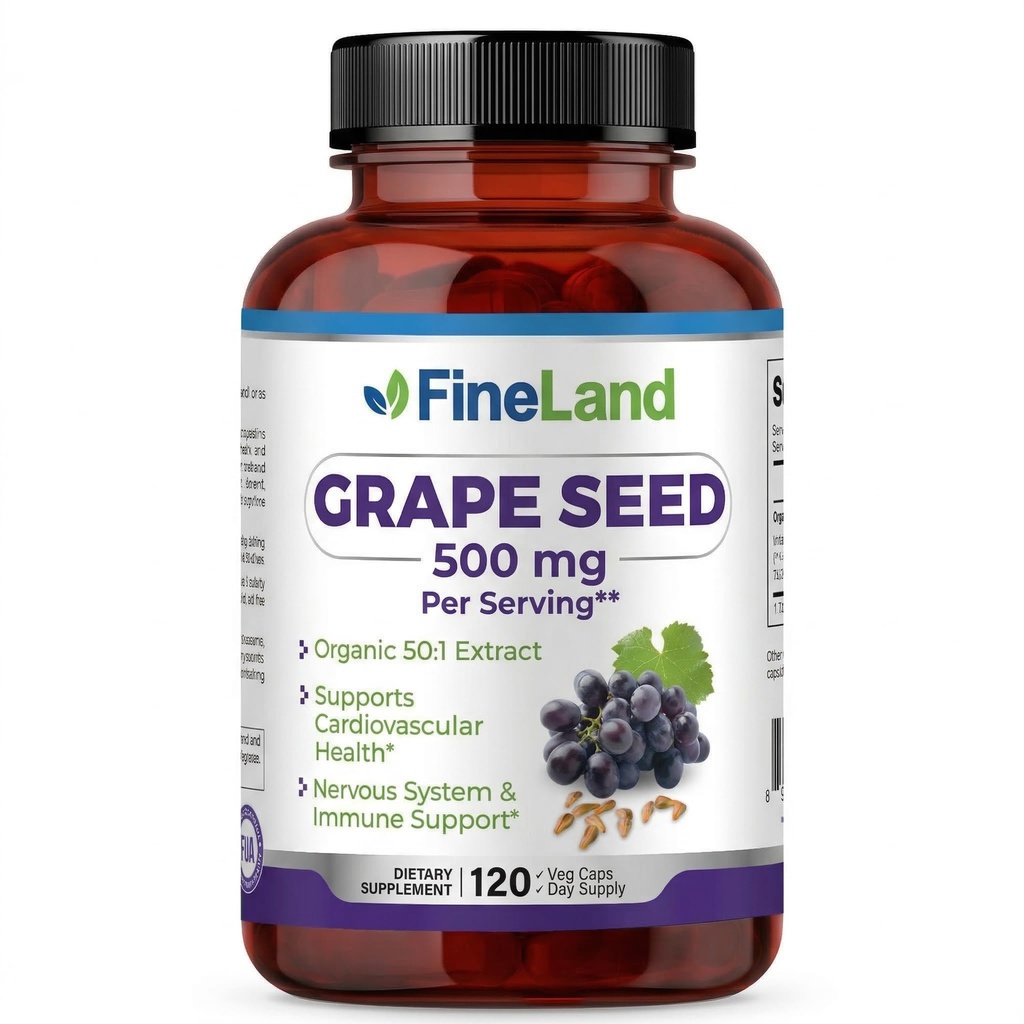 FineLand Grape种子摘录 50:1 – 每卡普苏尔25,000mg等效 – 120 Vegan Capsules – 富含抗氧化剂 → 心脏,免疫和流通支持 – 非GMO – 在美国制造