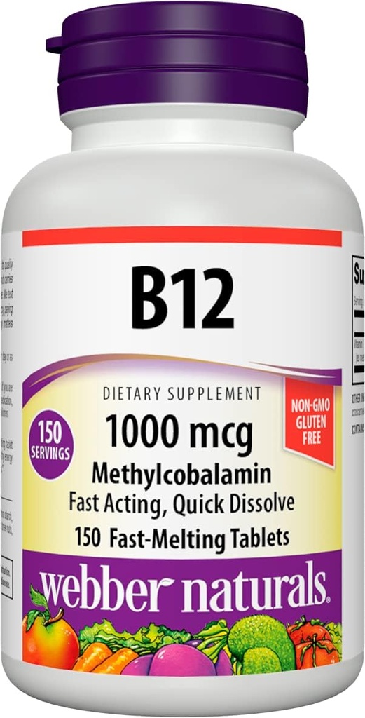 Webber Naturals Vitamin B12 1000 mcg, 150 counter, 快速溶解片, 维生素补充支持能源代谢, 免疫和心脏健康, 蔬菜配方, 150日供应