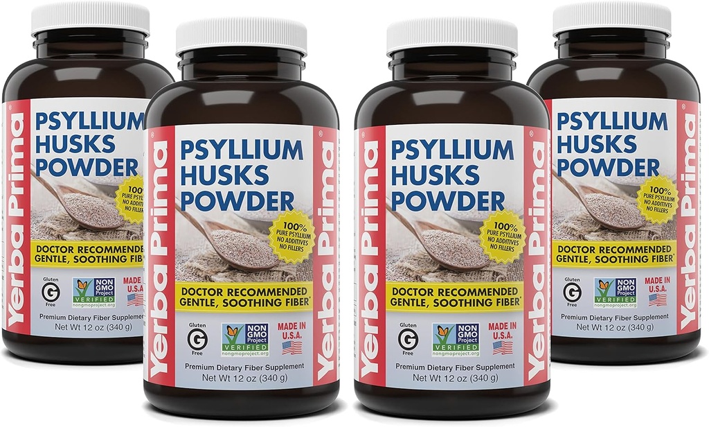 Yerba Prima Psyllium Husks 粉末 - 12 oz (Pack of 4) - 天然纤维补充剂 - Colon Cleanse - Gut Health - Vegan, Non-GMO, Gluten-Free (新标签 - 包装 May Vary)