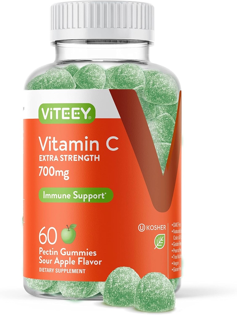 Viteey Chewable Vitamin C Gummys for adderns - 700mg 额外力量免疫支持补充 - Vegan, Gluten Free - 60 Counter (英语).